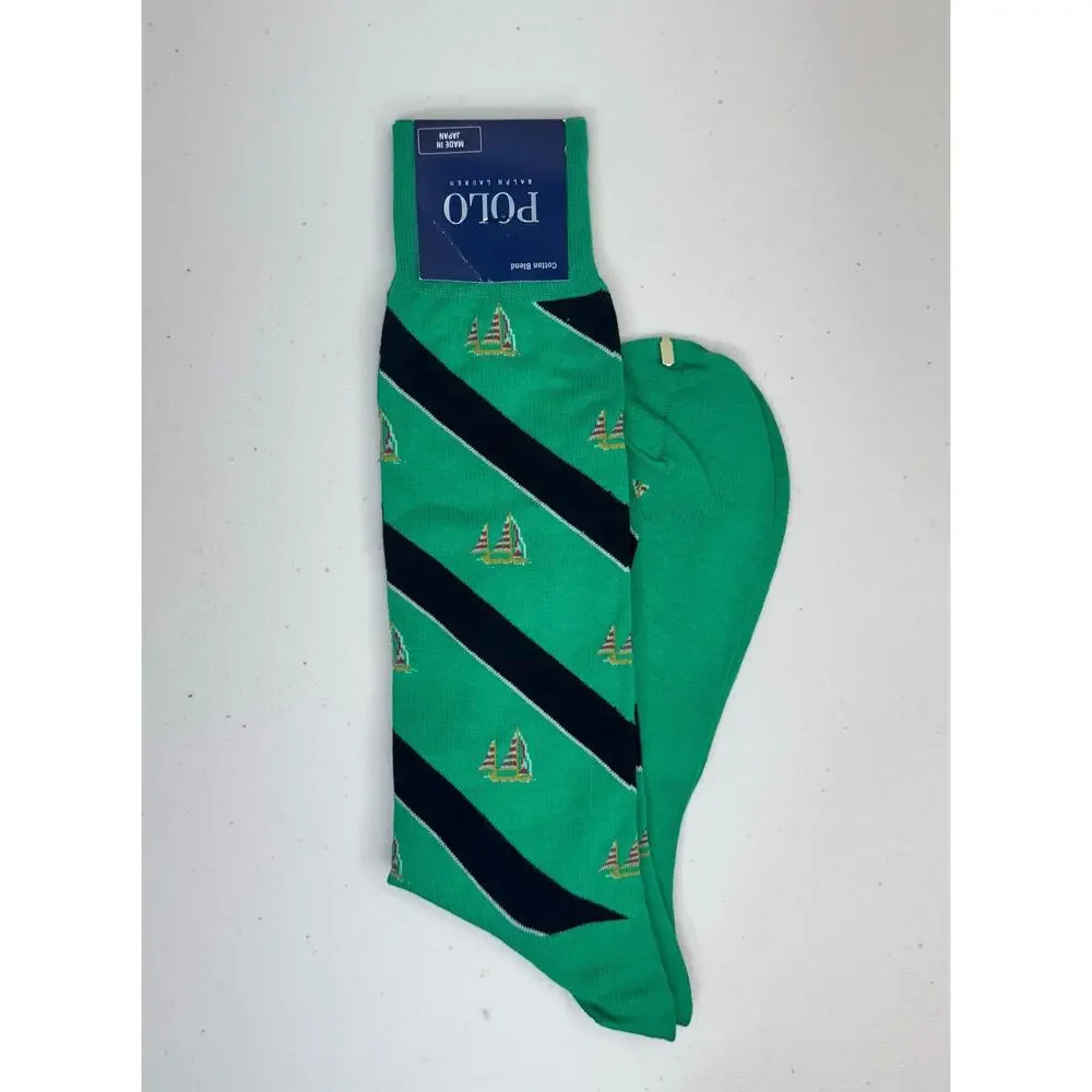 Polo Ralph Lauren Green Dress Socks Black Striped Sailboat Pattern Cotton Blend